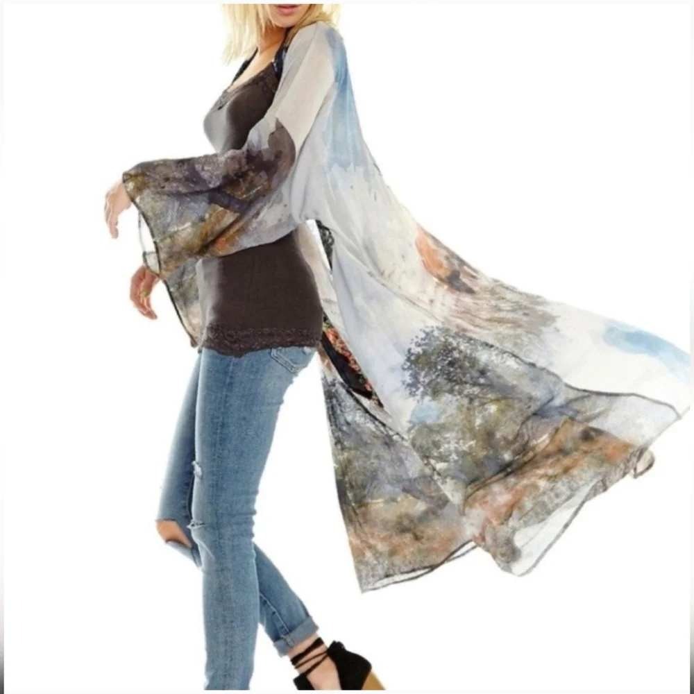 Aratta Silent Journey Anthropologie Deer Stag Floral Beaded Kimono Duster XL - Picture 12 of 12